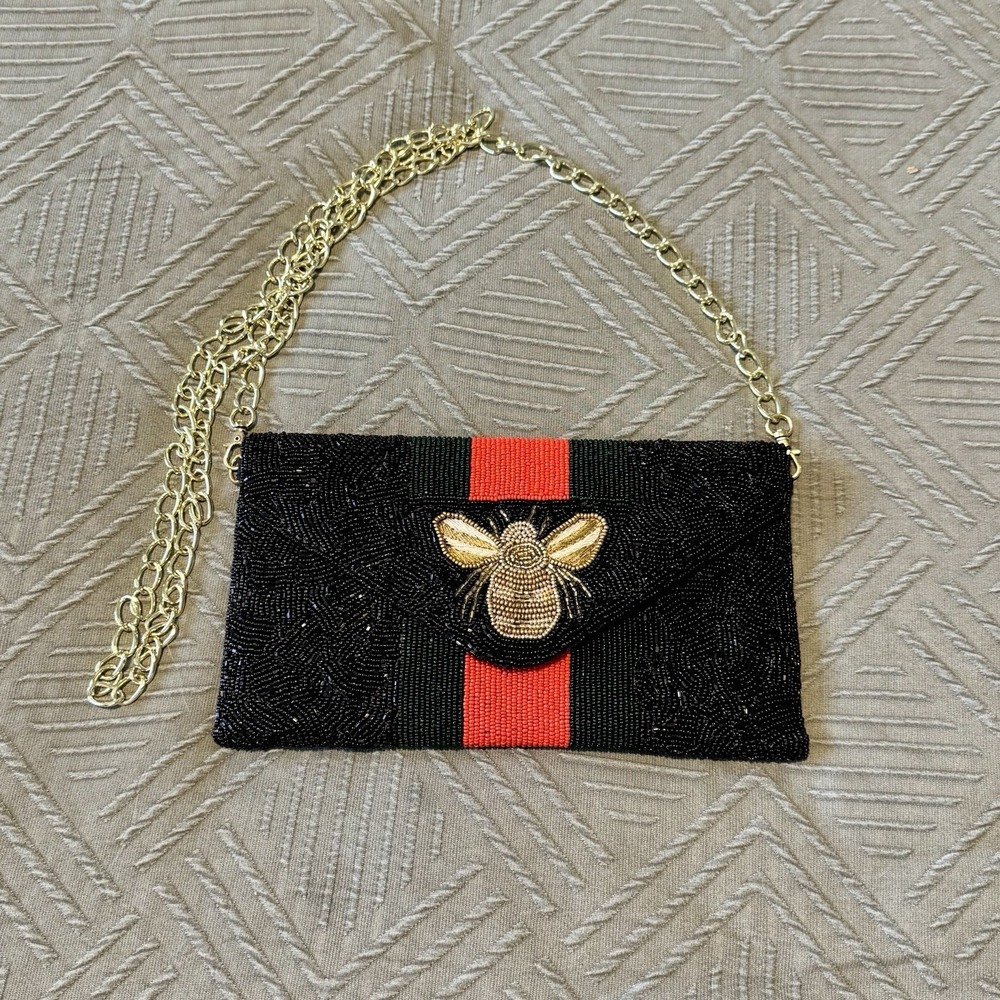 Pria Handcrafted Bee Envelope‎ Black Clutch NWOT Beaded Wallet